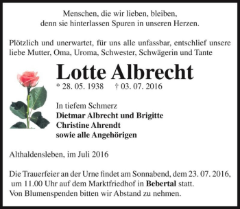 Traueranzeige von Lotte Albrecht  von Magdeburger Volksstimme