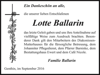 Traueranzeige von Lotte Ballarin  von Magdeburger Volksstimme
