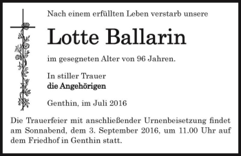 Traueranzeige von Lotte Ballarin  von Magdeburger Volksstimme