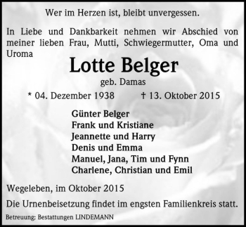 Traueranzeige von Lotte Belger (geb. Damas)  von Magdeburger Volksstimme
