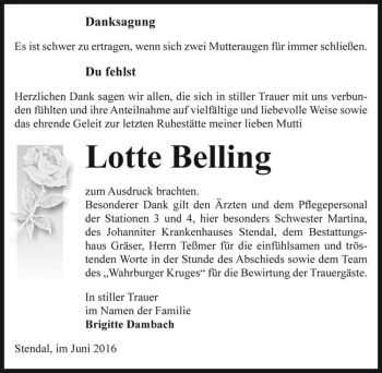 Traueranzeige von Lotte Belling  von Magdeburger Volksstimme