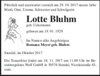 Traueranzeige von Lotte Bluhm (geb. Uekermann)  von Magdeburger Volksstimme