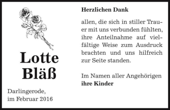 Traueranzeige von Lotte Bläß  von Magdeburger Volksstimme