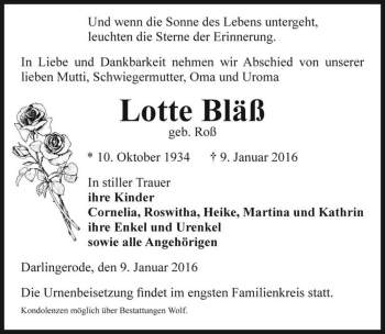 Traueranzeige von Lotte Bläß (geb. Roß)  von Magdeburger Volksstimme