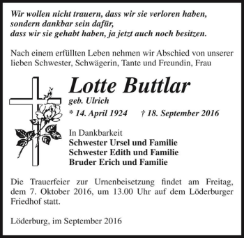Traueranzeige von Lotte Buttlar (geb. Ulrich)  von Magdeburger Volksstimme