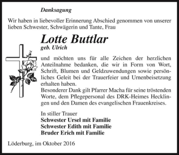 Traueranzeige von Lotte Buttlar (geb. Ulrich)  von Magdeburger Volksstimme