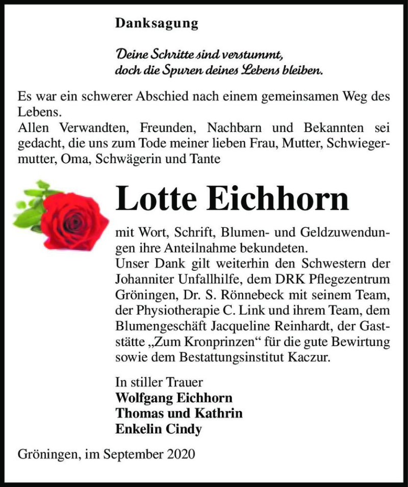  Traueranzeige für Lotte Eichhorn  vom 02.10.2020 aus Magdeburger Volksstimme