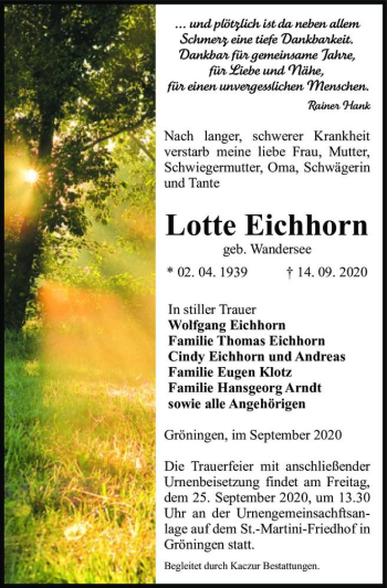 Traueranzeige von Lotte Eichhorn (geb. Wandersee)  von Magdeburger Volksstimme