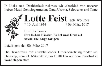 Traueranzeige von Lotte Feist (geb. Wöllmer)  von Magdeburger Volksstimme