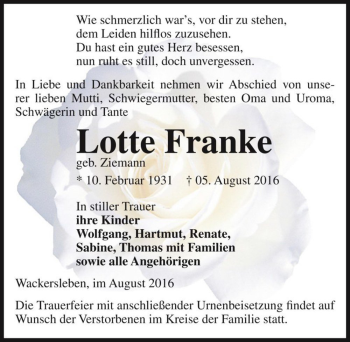 Traueranzeige von Lotte Franke (geb. Ziemann)  von Magdeburger Volksstimme