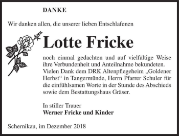 Traueranzeige von Lotte Fricke  von Magdeburger Volksstimme