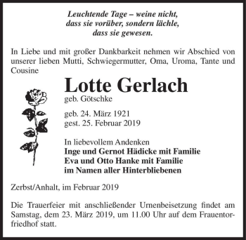 Traueranzeige von Lotte Gerlach (geb. Götschke)  von Magdeburger Volksstimme