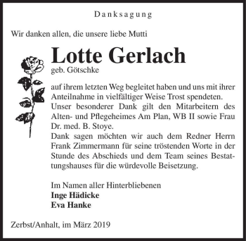 Traueranzeige von Lotte Gerlach (geb. Götschke)  von Magdeburger Volksstimme