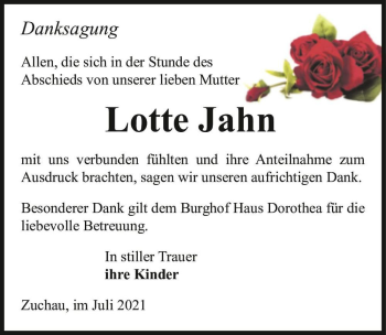 Traueranzeige von Lotte Jahn  von Magdeburger Volksstimme