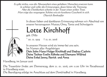 Traueranzeige von Lotte Kirchhoff (geb. Dillo)  von Magdeburger Volksstimme