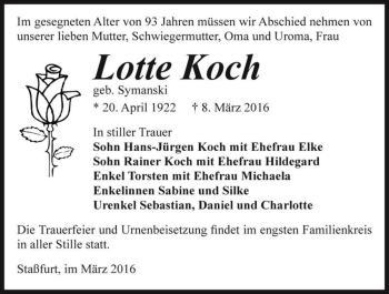 Traueranzeige von Lotte Koch (geb. Symanski)  von Magdeburger Volksstimme