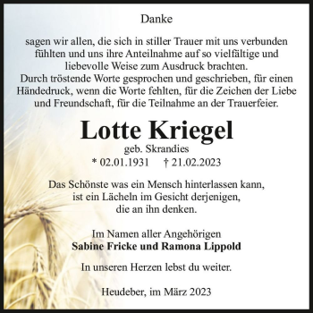 Traueranzeige von Lotte Kriegel (geb. Skrandies)  von Magdeburger Volksstimme