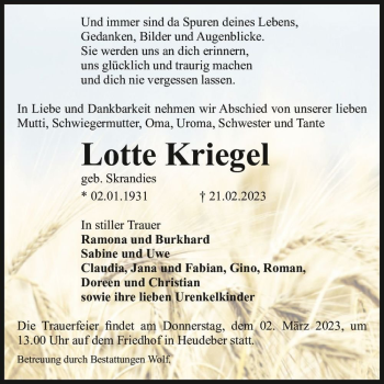 Traueranzeige von Lotte Kriegel (geb. Skrandies)  von Magdeburger Volksstimme