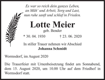 Traueranzeige von Lotte Meier (geb. Bender)  von Magdeburger Volksstimme