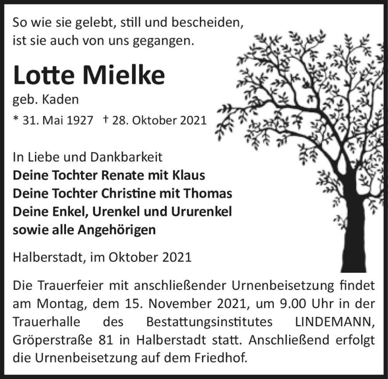  Traueranzeige für Lotte Mielke (geb. Kaden)  vom 06.11.2021 aus Magdeburger Volksstimme