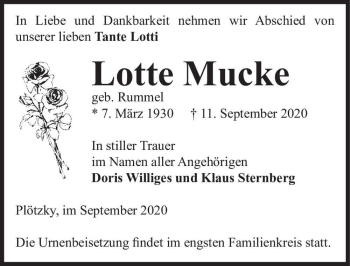 Traueranzeige von Lotte Mucke (geb. Rummel)  von Magdeburger Volksstimme
