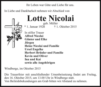 Traueranzeige von Lotte Nicolai (geb. Müller)  von Magdeburger Volksstimme
