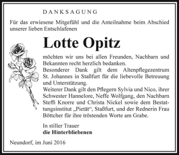 Traueranzeige von Lotte Opitz  von Magdeburger Volksstimme
