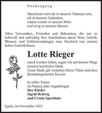 Traueranzeige von Lotte Rieger  von Magdeburger Volksstimme