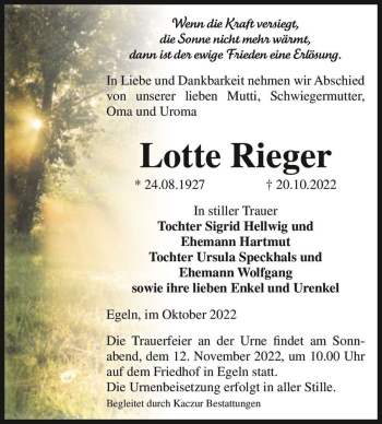 Traueranzeige von Lotte Rieger  von Magdeburger Volksstimme