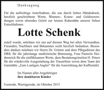 Traueranzeige von Lotte Schenk  von Magdeburger Volksstimme