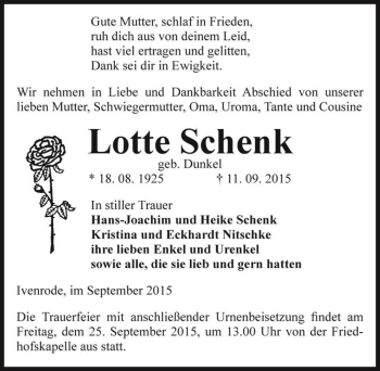 Traueranzeige von Lotte Schenk (geb. Dunkel)  von Magdeburger Volksstimme