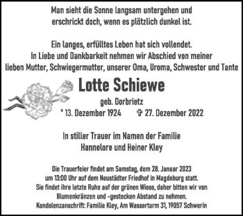 Traueranzeige von Lotte Schiewe (geb. Dorbrietz)  von Magdeburger Volksstimme