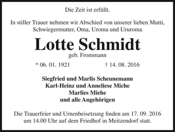 Traueranzeige von Lotte Schmidt (geb. Frommann)  von Magdeburger Volksstimme