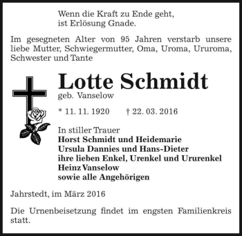 Traueranzeige von Lotte Schmidt (geb. Vanselow)  von Magdeburger Volksstimme