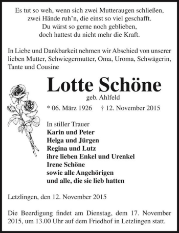 Traueranzeige von Lotte Schöne (geb. Ahlfeld)  von Magdeburger Volksstimme