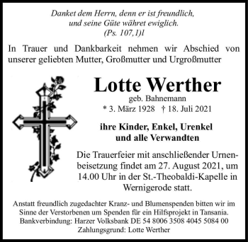 Traueranzeige von Lotte Werther (geb. Bahnemann)  von Magdeburger Volksstimme