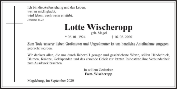 Traueranzeige von Lotte Wischeropp (geb. Magel)  von Magdeburger Volksstimme