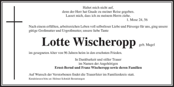 Traueranzeige von Lotte Wischeropp (geb. Magel)  von Magdeburger Volksstimme