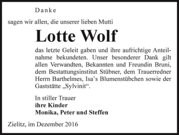 Traueranzeige von Lotte Wolf  von Magdeburger Volksstimme