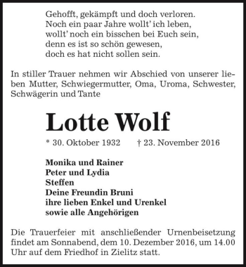 Traueranzeige von Lotte Wolf  von Magdeburger Volksstimme