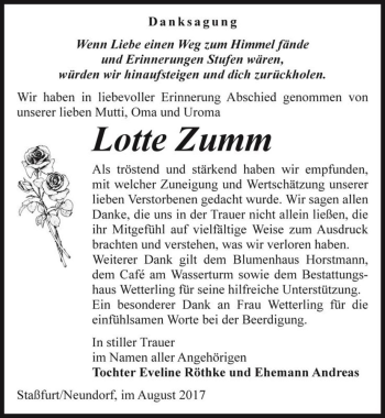 Traueranzeige von Lotte Zumm  von Magdeburger Volksstimme
