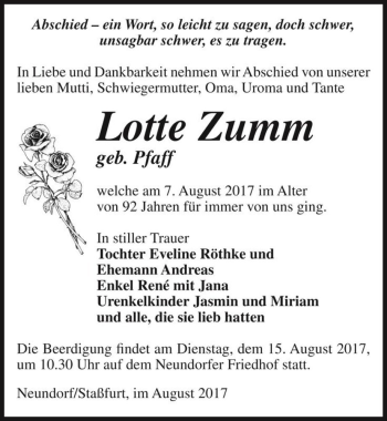 Traueranzeige von Lotte Zumm (geb. Pfaff)  von Magdeburger Volksstimme