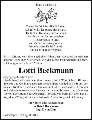 Traueranzeige von Lotti Beckmann  von Magdeburger Volksstimme