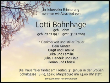 Traueranzeige von Lotti Bohnhage (geb. Böhm)  von Magdeburger Volksstimme