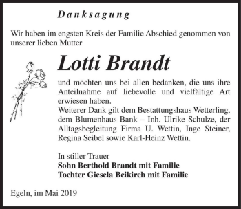 Traueranzeige von Lotti Brandt  von Magdeburger Volksstimme