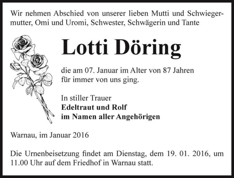  Traueranzeige für Lotti Döring  vom 09.01.2016 aus Magdeburger Volksstimme