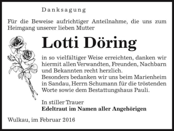 Traueranzeige von Lotti Döring  von Magdeburger Volksstimme