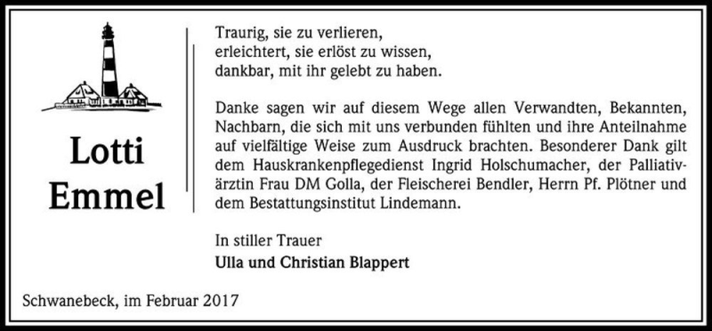  Traueranzeige für Lotti Emmel  vom 25.02.2017 aus Magdeburger Volksstimme