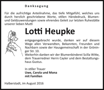 Traueranzeige von Lotti Heupke  von Magdeburger Volksstimme