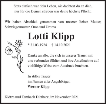 Traueranzeige von Lotti Klipp  von Magdeburger Volksstimme